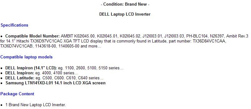 DELL Inspiron 14.1 1100 LCD screen backlight inverter  